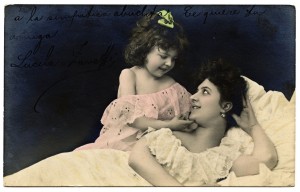 Antique postcard mom and daughter